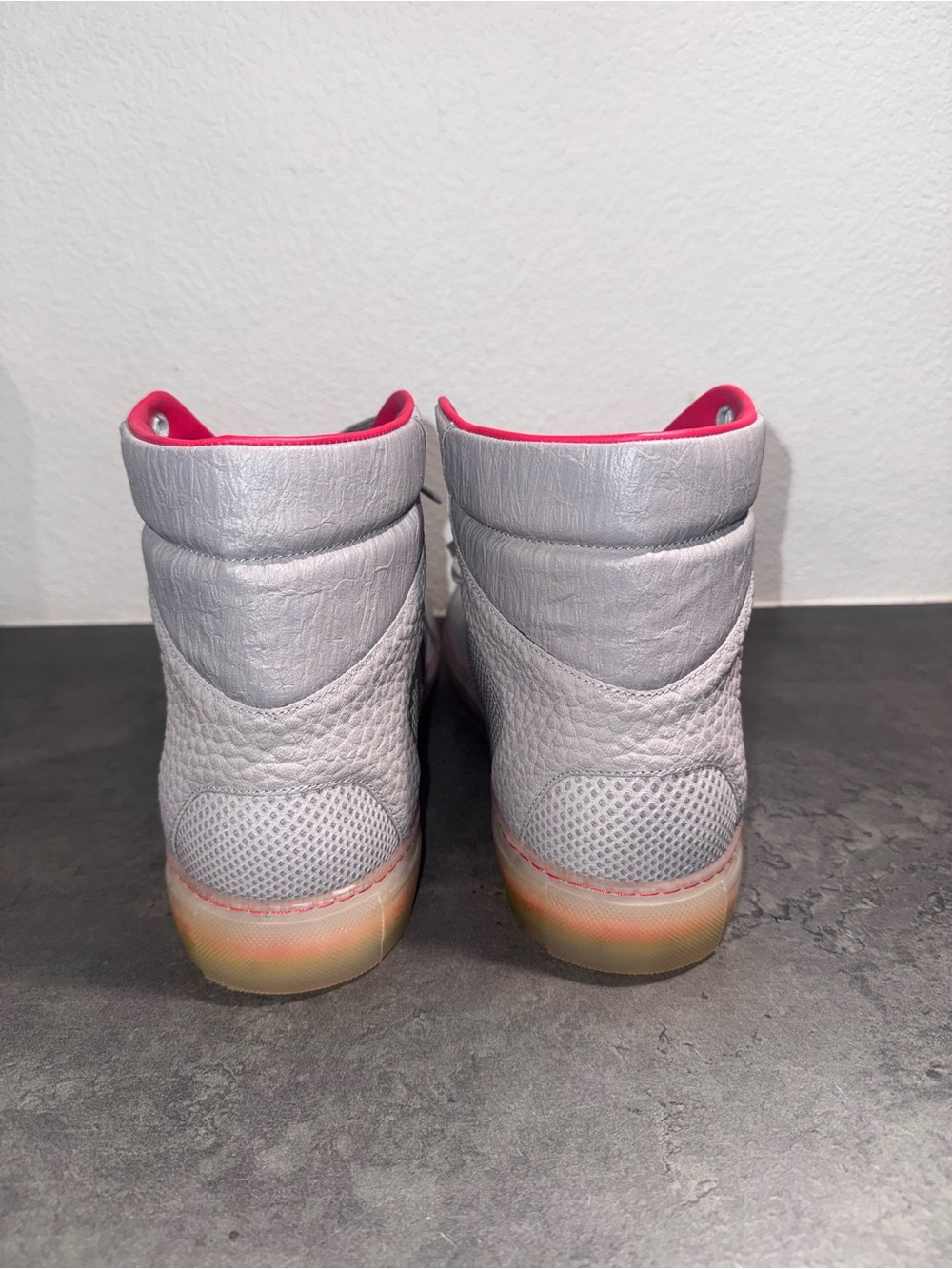 Men's Balenciaga Origami Panel High-Top Sneakers in Light Gray with Red Lining - Picture 3 of 7